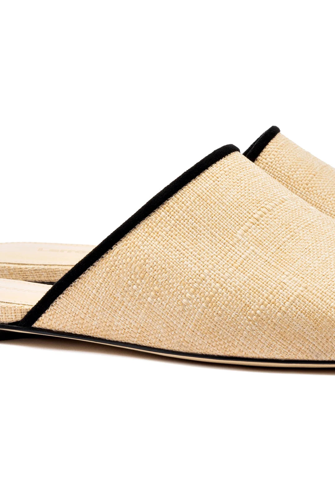 Larroude Venice Flat Mule In Beige Raffia and Black Trimming