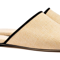 Larroude Venice Flat Mule In Beige Raffia and Black Trimming