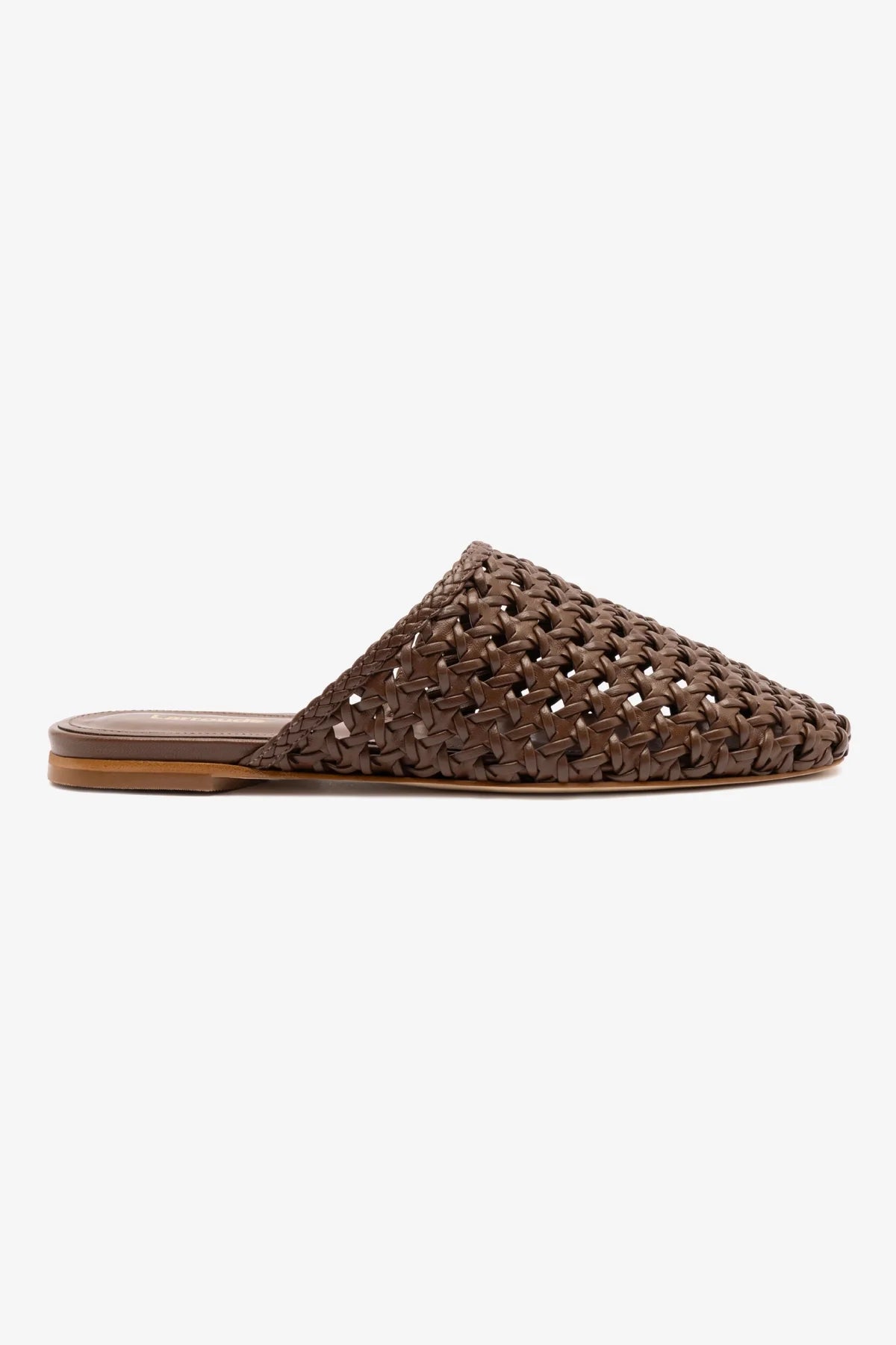 Larroude Venice Macrame Flat Mule In Burnt Umber Leather
