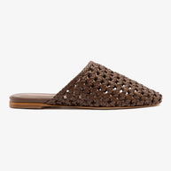 Larroude Venice Macrame Flat Mule In Burnt Umber Leather