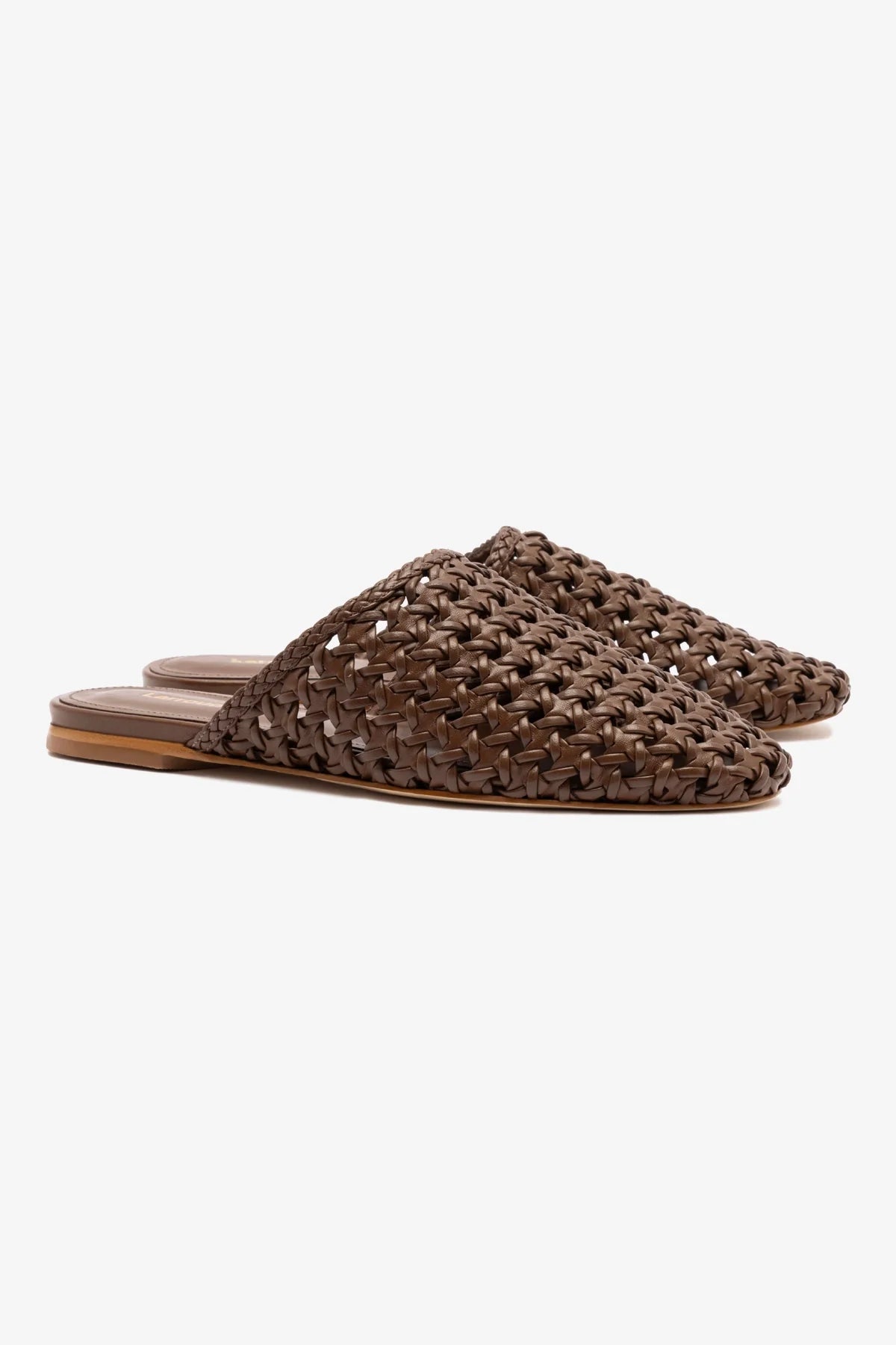 Larroude Venice Macrame Flat Mule In Burnt Umber Leather