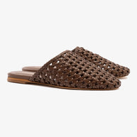 Larroude Venice Macrame Flat Mule In Burnt Umber Leather