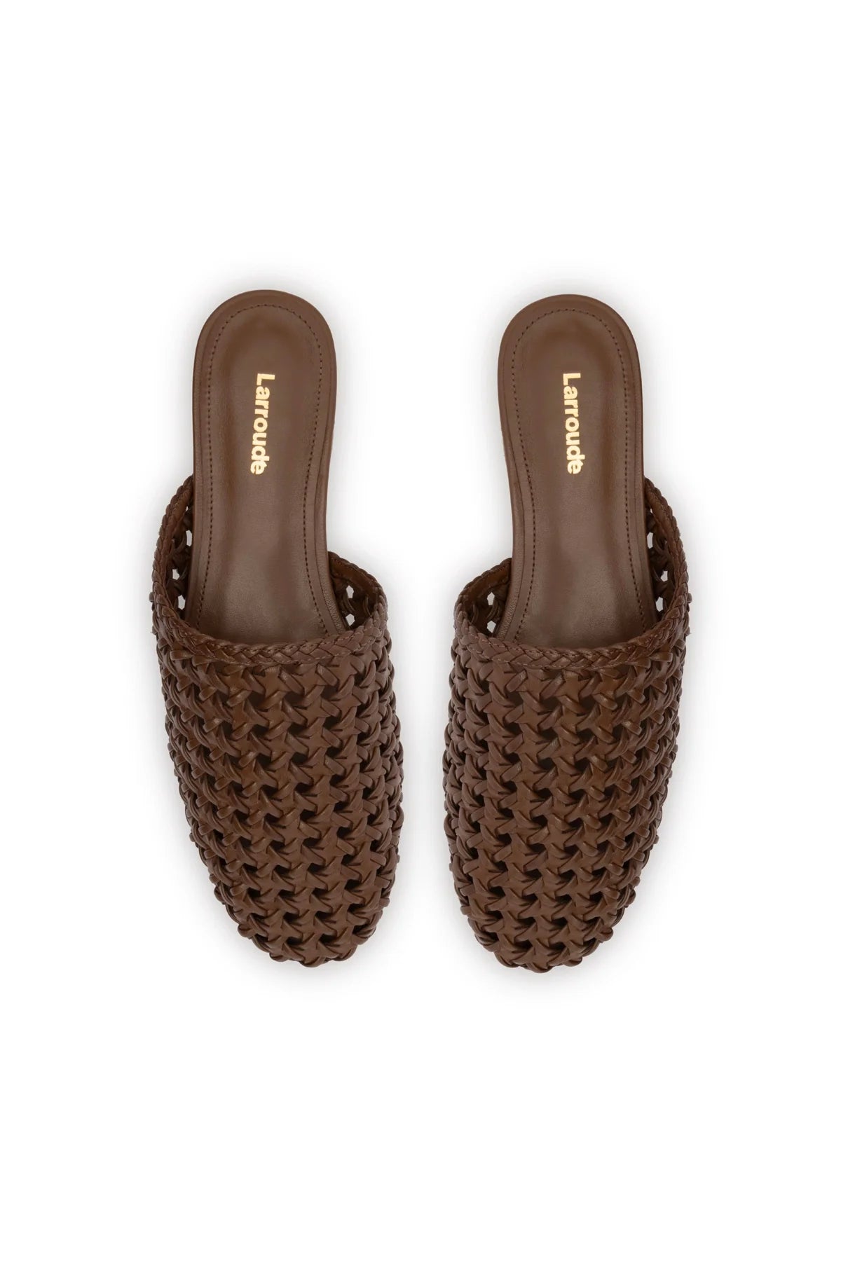 Larroude Venice Macrame Flat Mule In Burnt Umber Leather