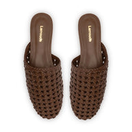 Larroude Venice Macrame Flat Mule In Burnt Umber Leather