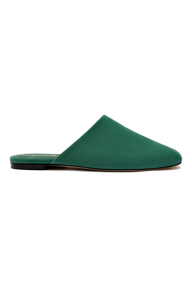 Larroude Venice Flat Mule And Pouch Kit In Emerald Suede