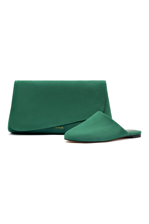 Larroude Venice Flat Mule And Pouch Kit In Emerald Suede