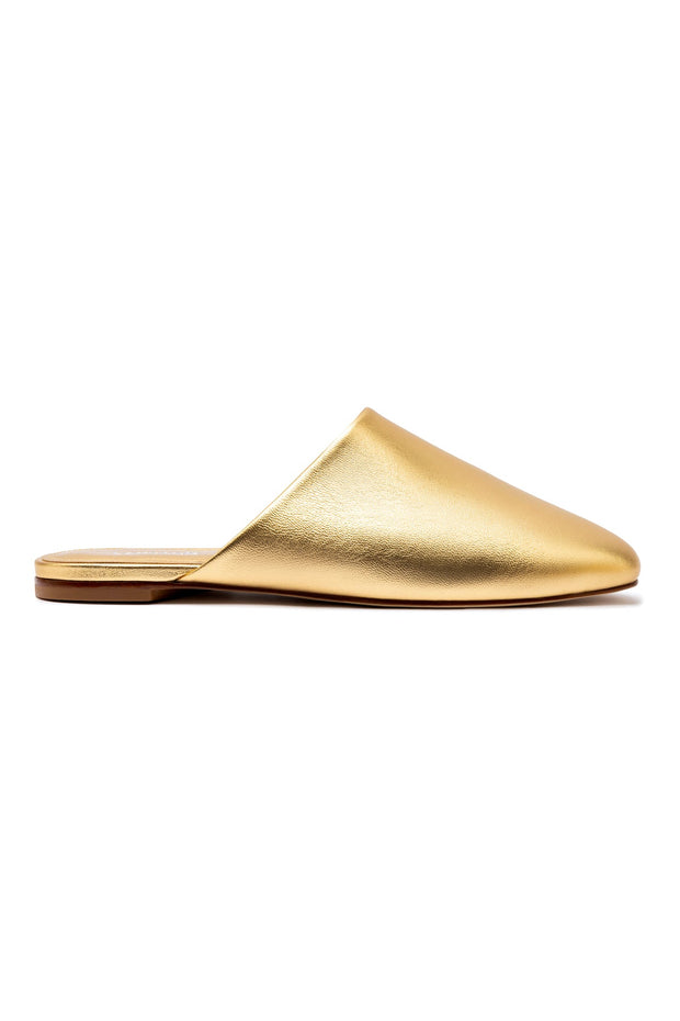 Larroude Venice Flat Mule and Pouch Kit In Gold Metallic Leather