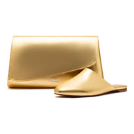 Larroude Venice Flat Mule and Pouch Kit In Gold Metallic Leather
