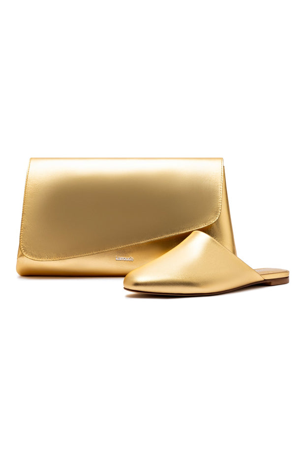 Larroude Venice Flat Mule and Pouch Kit In Gold Metallic Leather