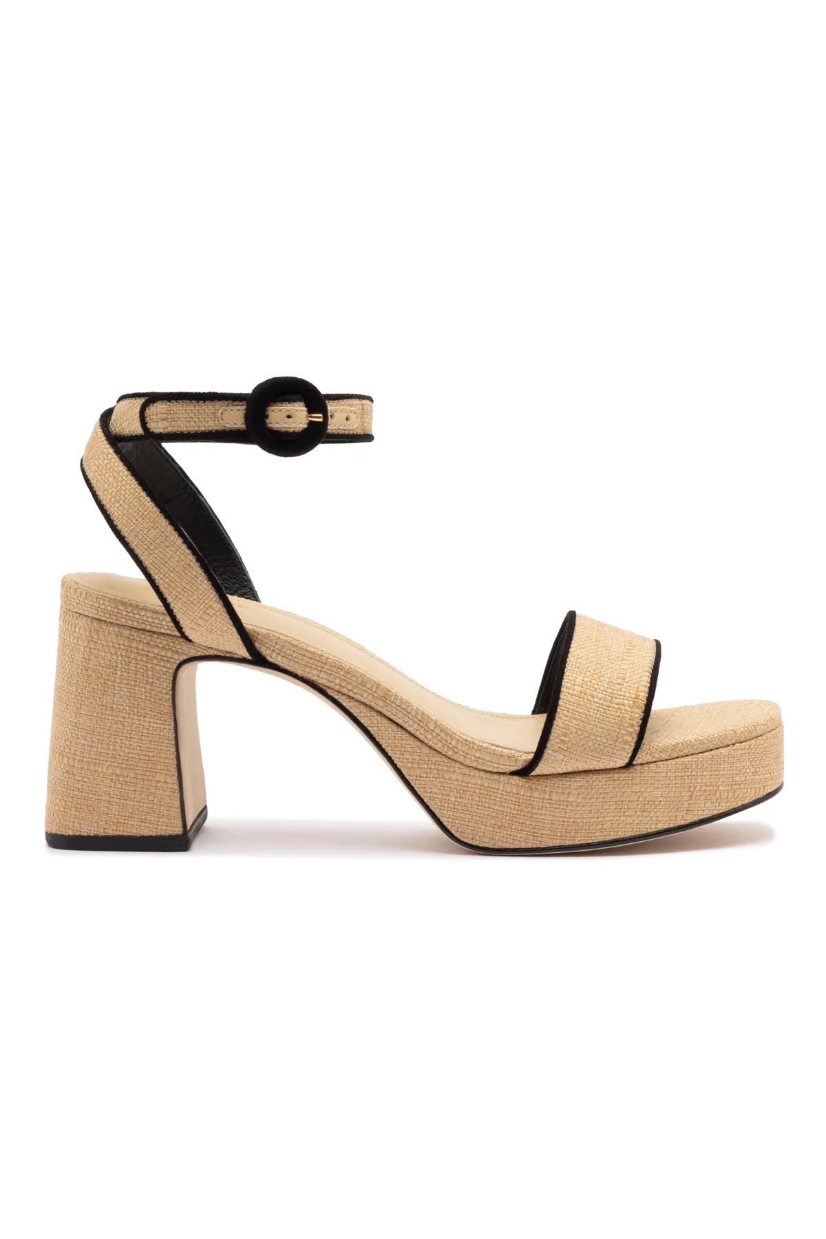 Larroude Dolly Low Sandal In Beige Raffia and Black Trimming