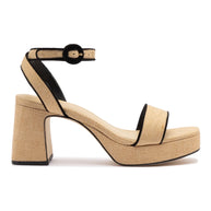Larroude Dolly Low Sandal In Beige Raffia and Black Trimming
