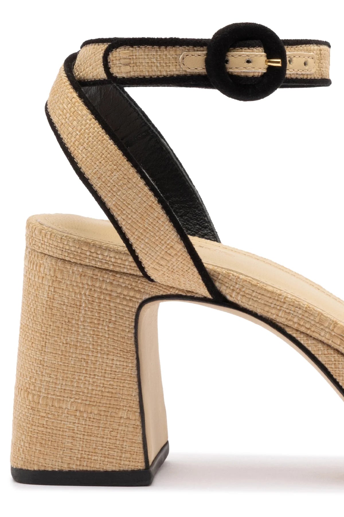 Larroude Dolly Low Sandal In Beige Raffia and Black Trimming