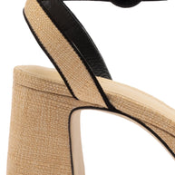 Larroude Dolly Low Sandal In Beige Raffia and Black Trimming