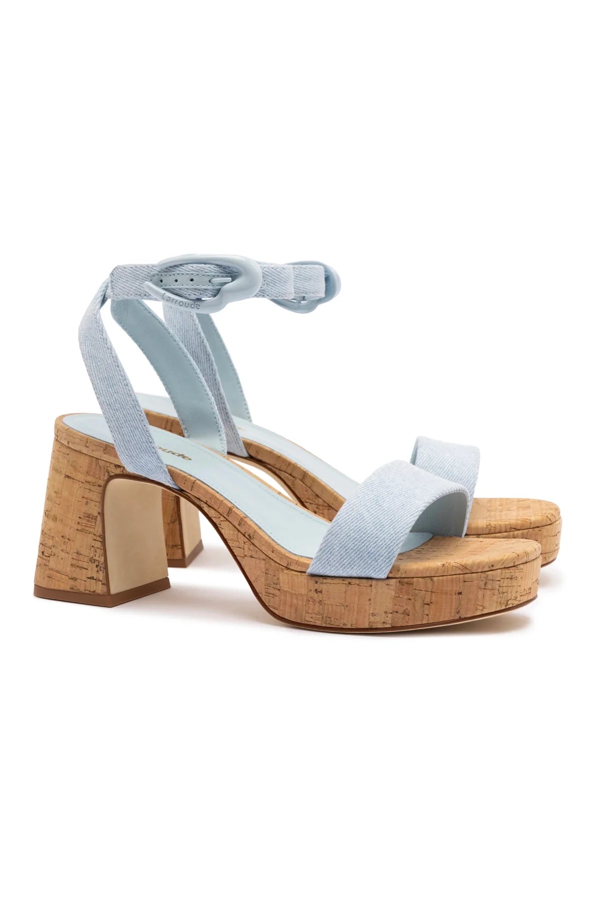 Larroude Dolly Verona Low Sandal In Maya Denim And Natural Cork