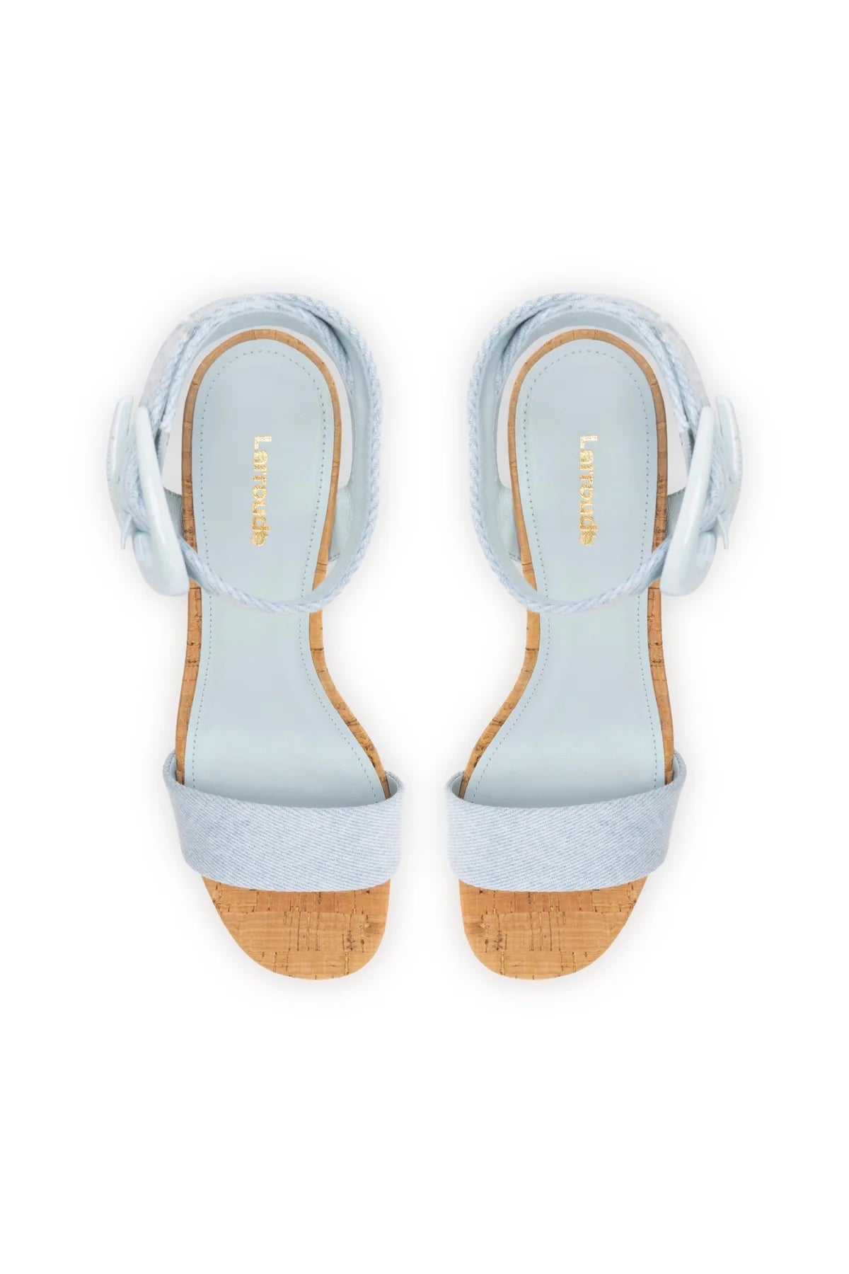 Larroude Dolly Verona Low Sandal In Maya Denim And Natural Cork