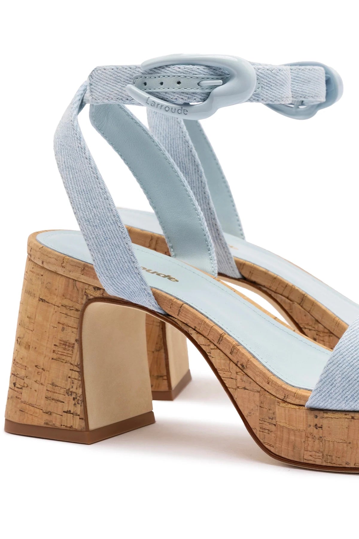 Larroude Dolly Verona Low Sandal In Maya Denim And Natural Cork