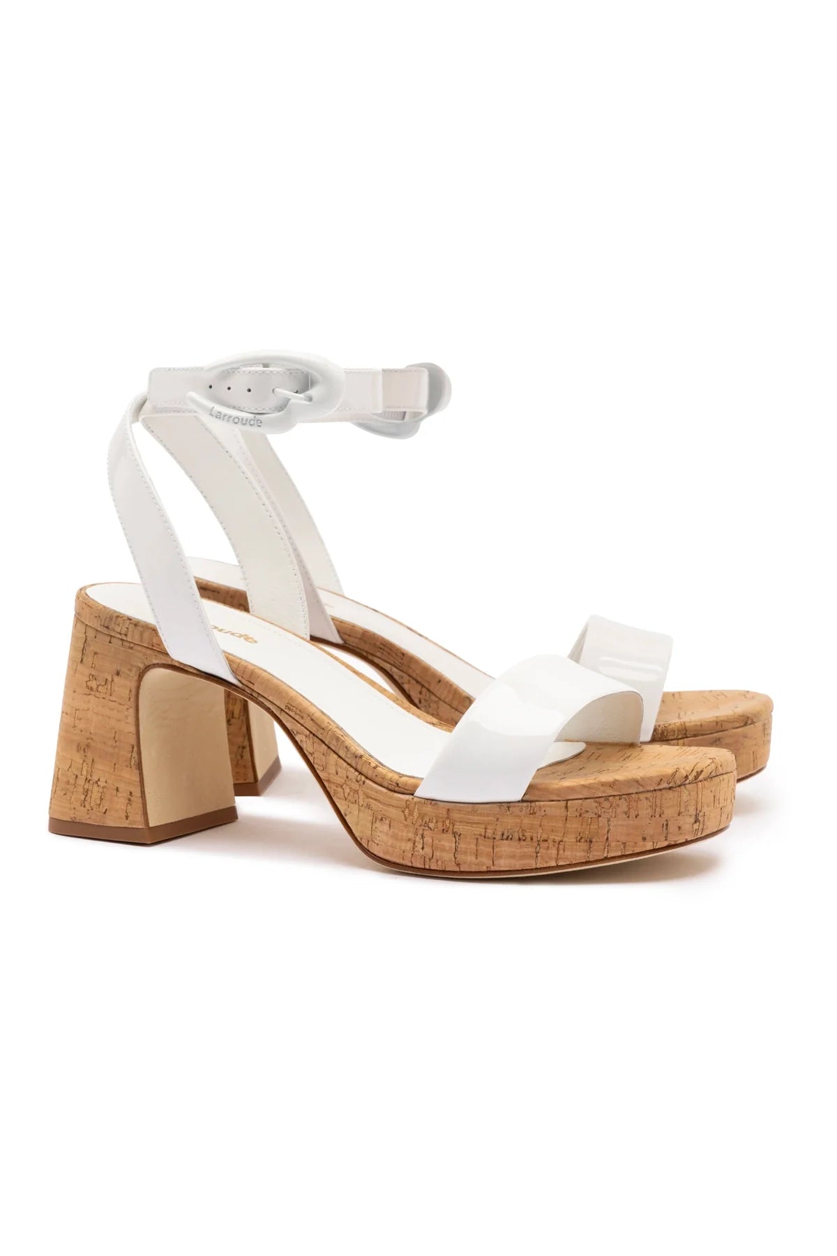 Larroude Dolly Verona Low Sandal In White Patent Leather And Natural Cork