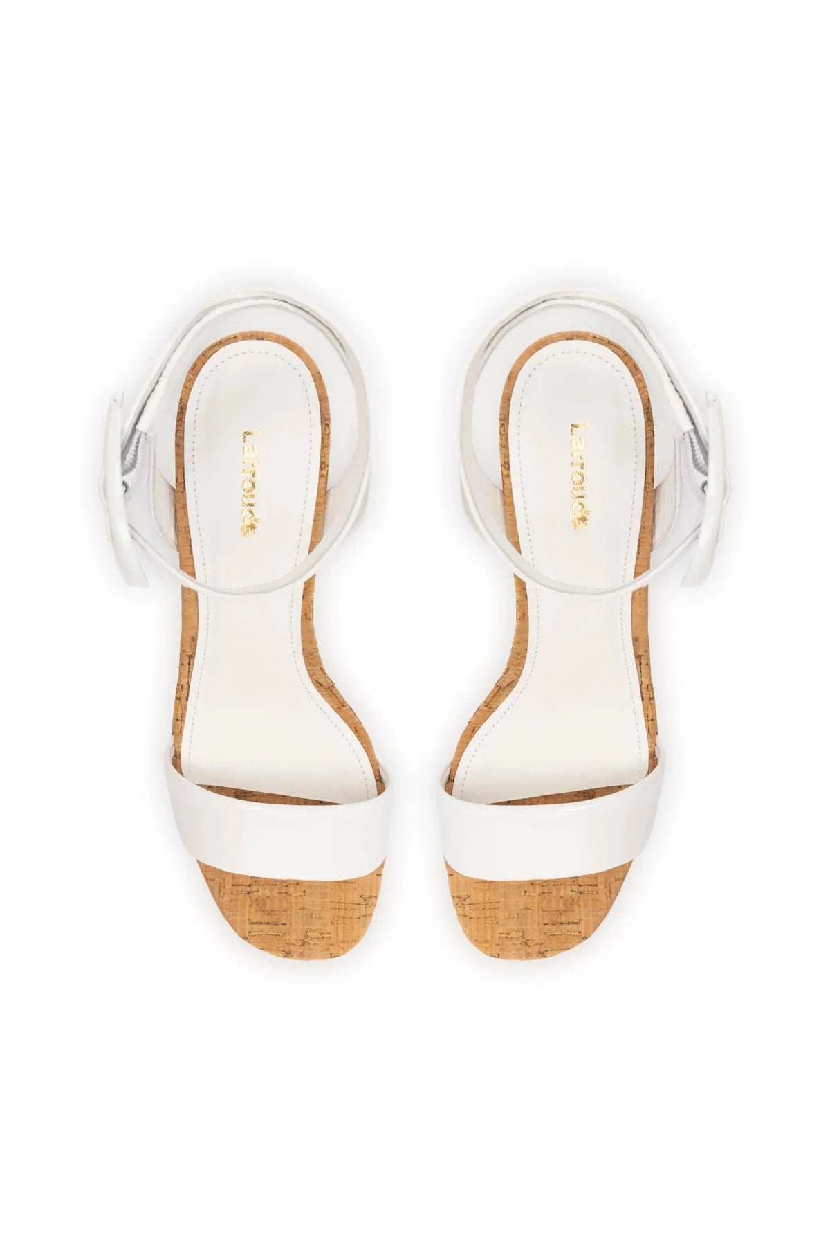 Larroude Dolly Verona Low Sandal In White Patent Leather And Natural Cork