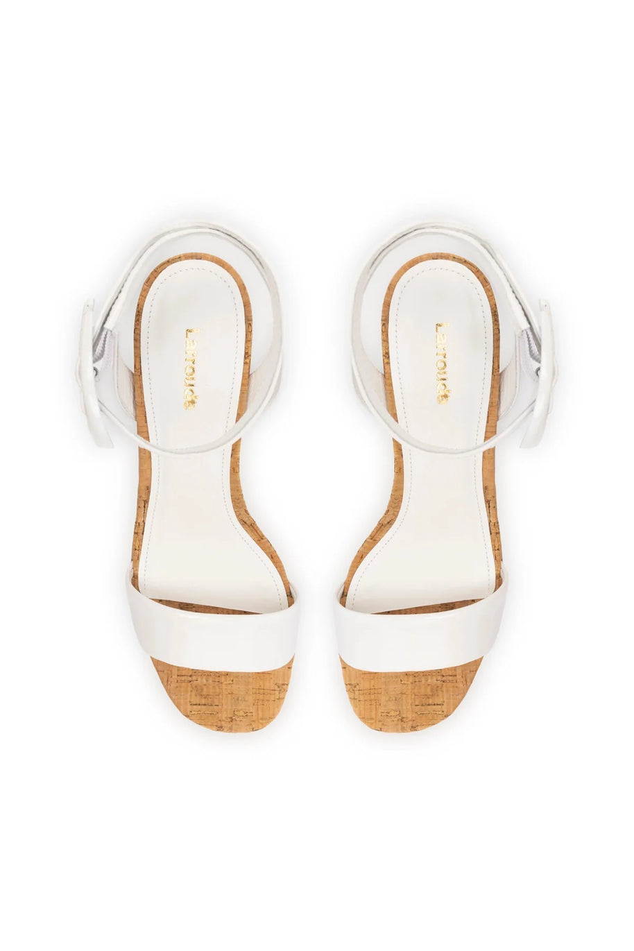 Larroude Dolly Verona Low Sandal In White Patent Leather And Natural Cork