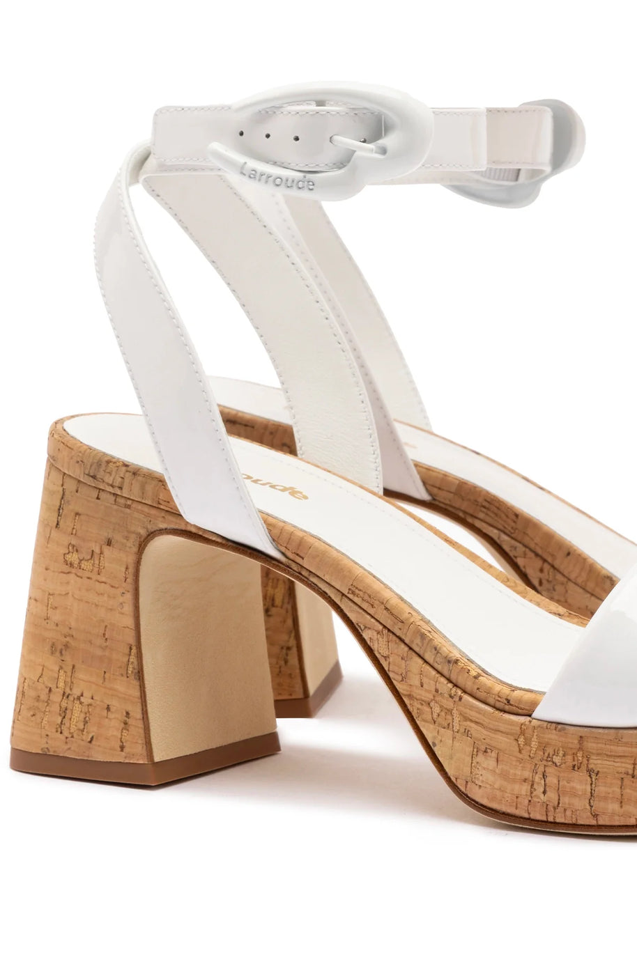 Larroude Dolly Verona Low Sandal In White Patent Leather And Natural Cork