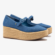 Larroude Blair Flatform In Blue Stoned Denim