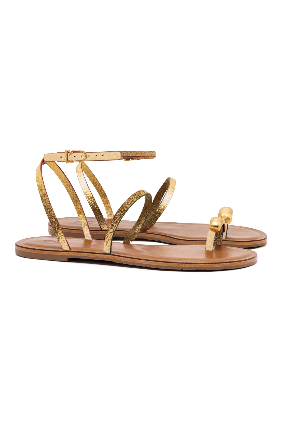 Larroude Biarritz Flat Sandal In Gold Metallic Leather