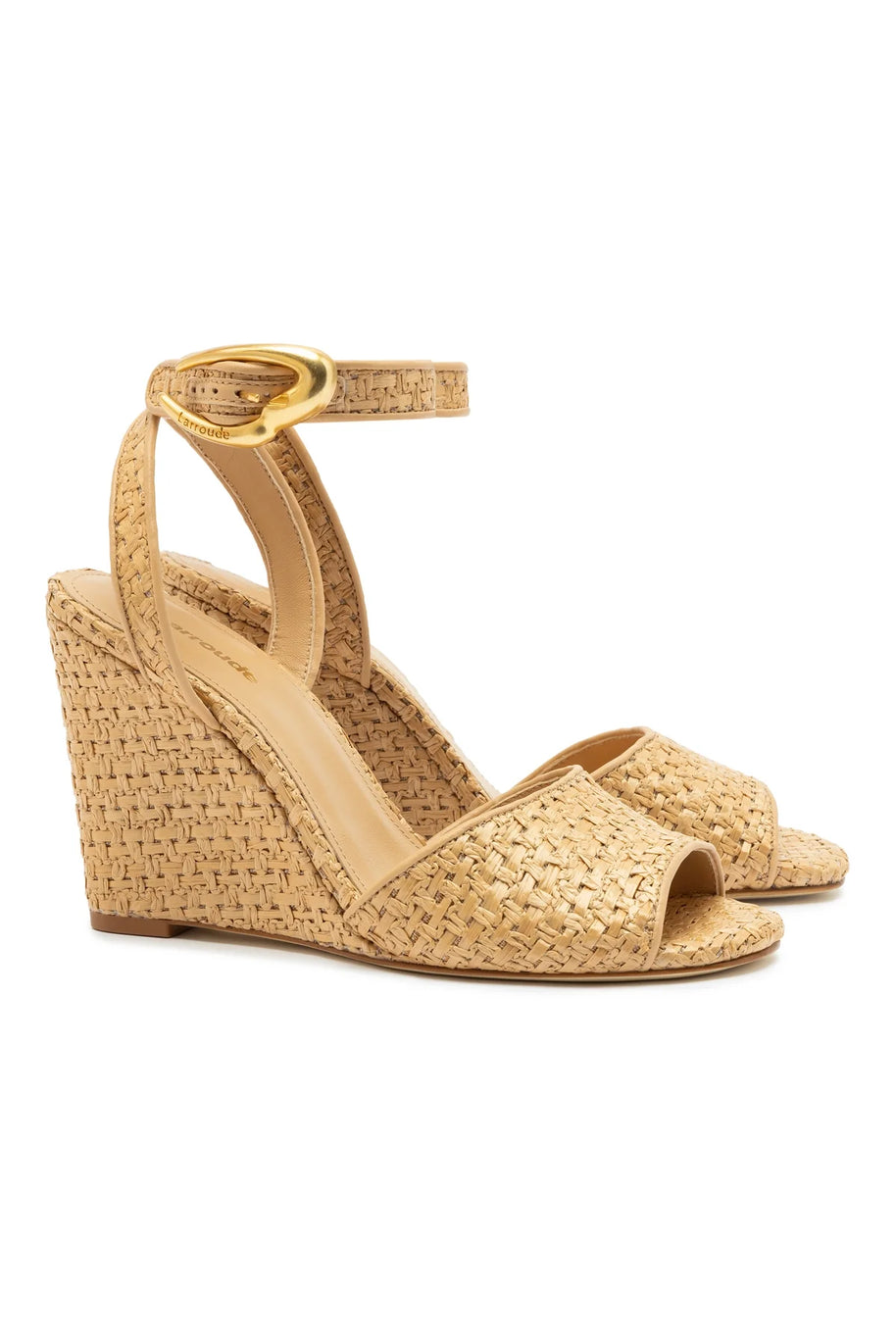 Larroude Yves Verona Wedge In Beige Leather And Natural Raffia
