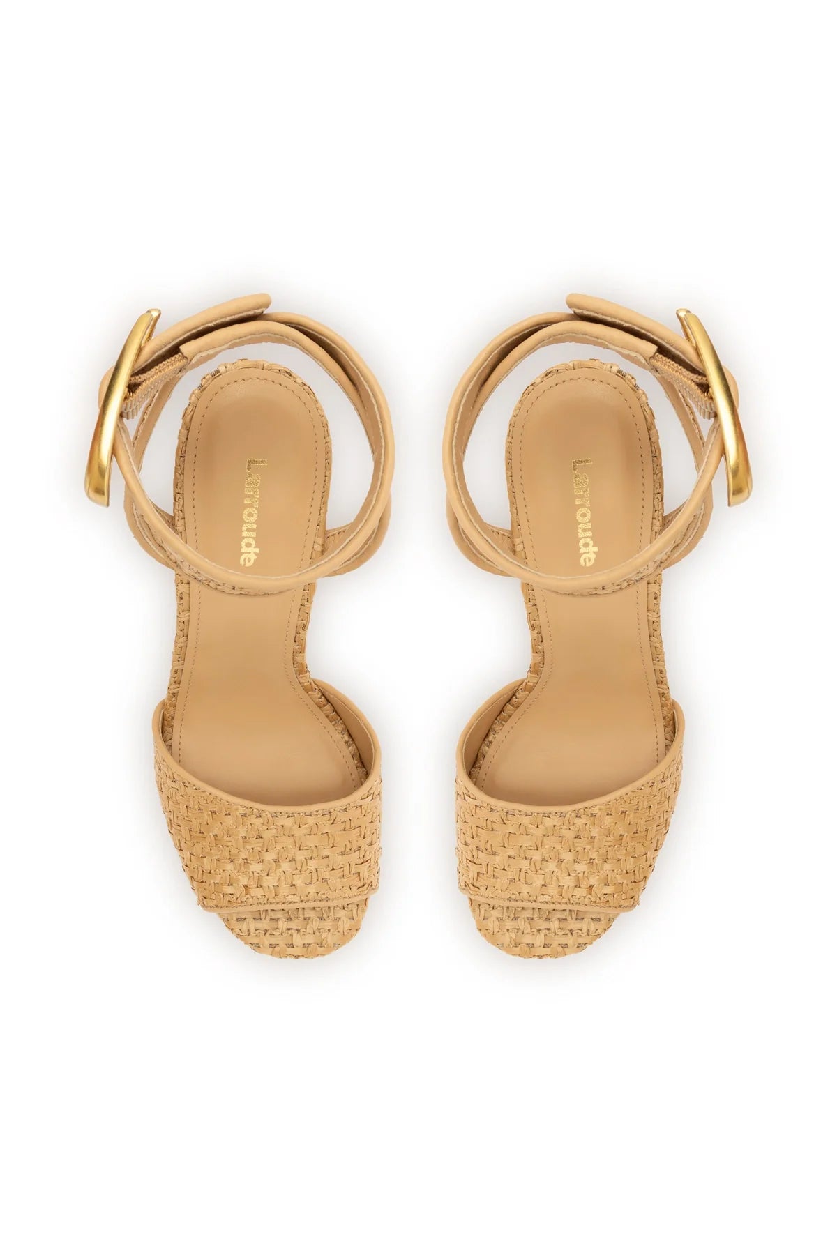 Larroude Yves Verona Wedge In Beige Leather And Natural Raffia