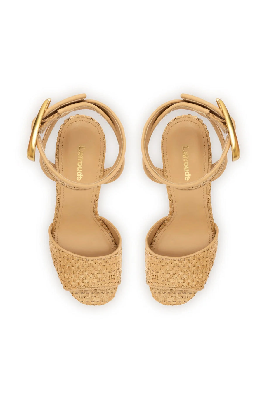 Larroude Yves Verona Wedge In Beige Leather And Natural Raffia