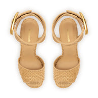 Larroude Yves Verona Wedge In Beige Leather And Natural Raffia