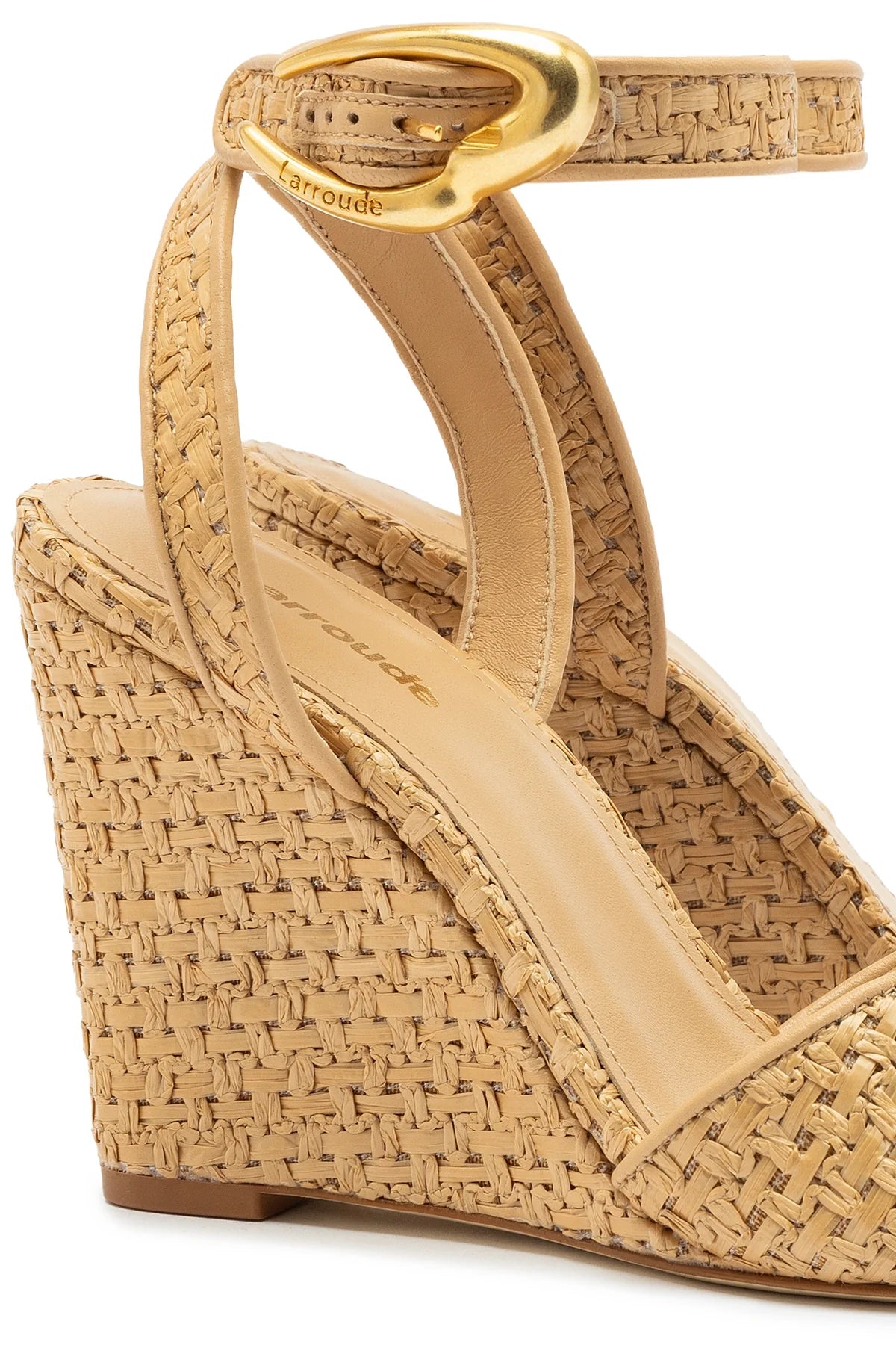 Larroude Yves Verona Wedge In Beige Leather And Natural Raffia