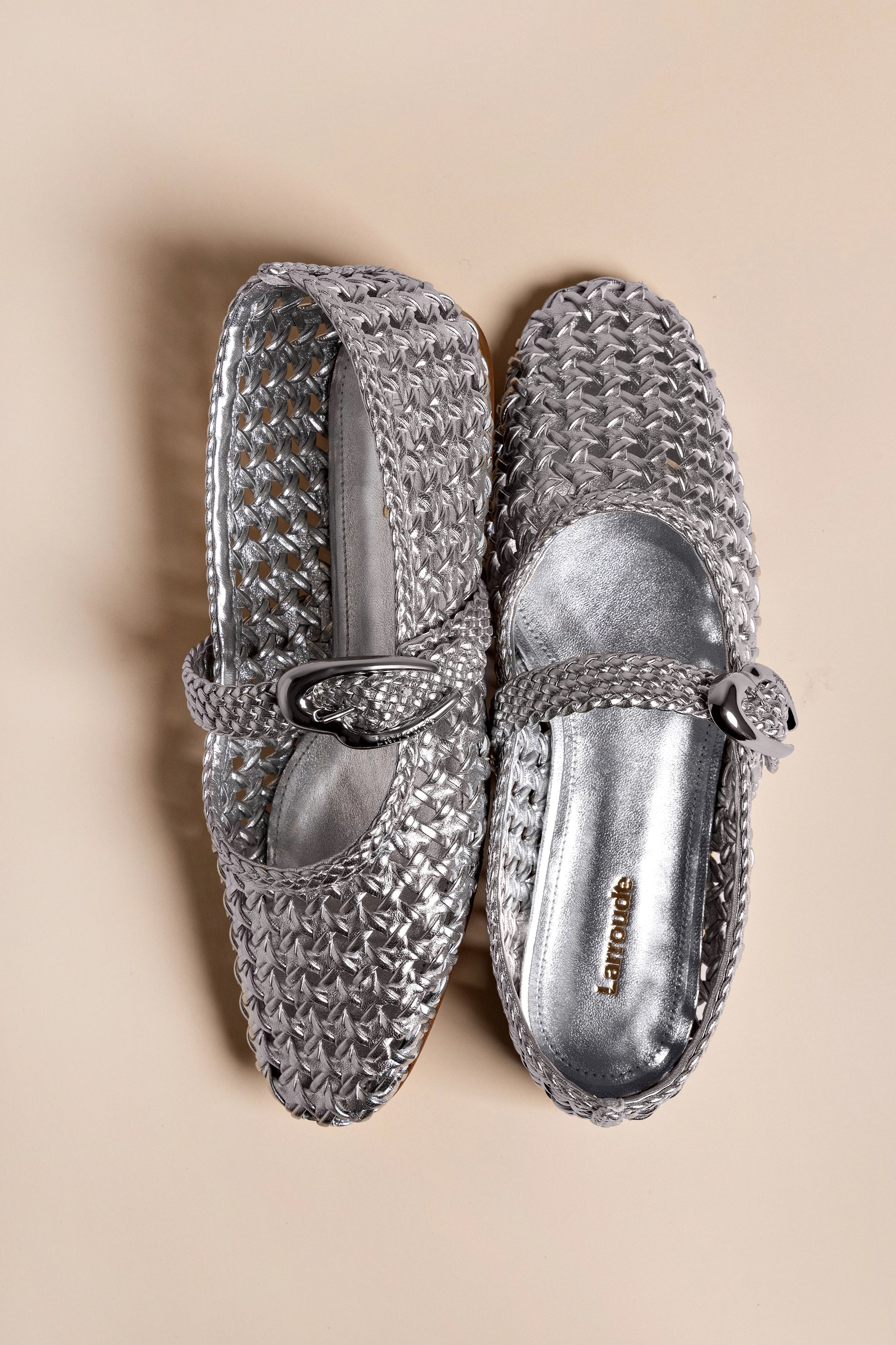 Larroude Verona Macrame Ballet Flat In SIlver Metallic Leather