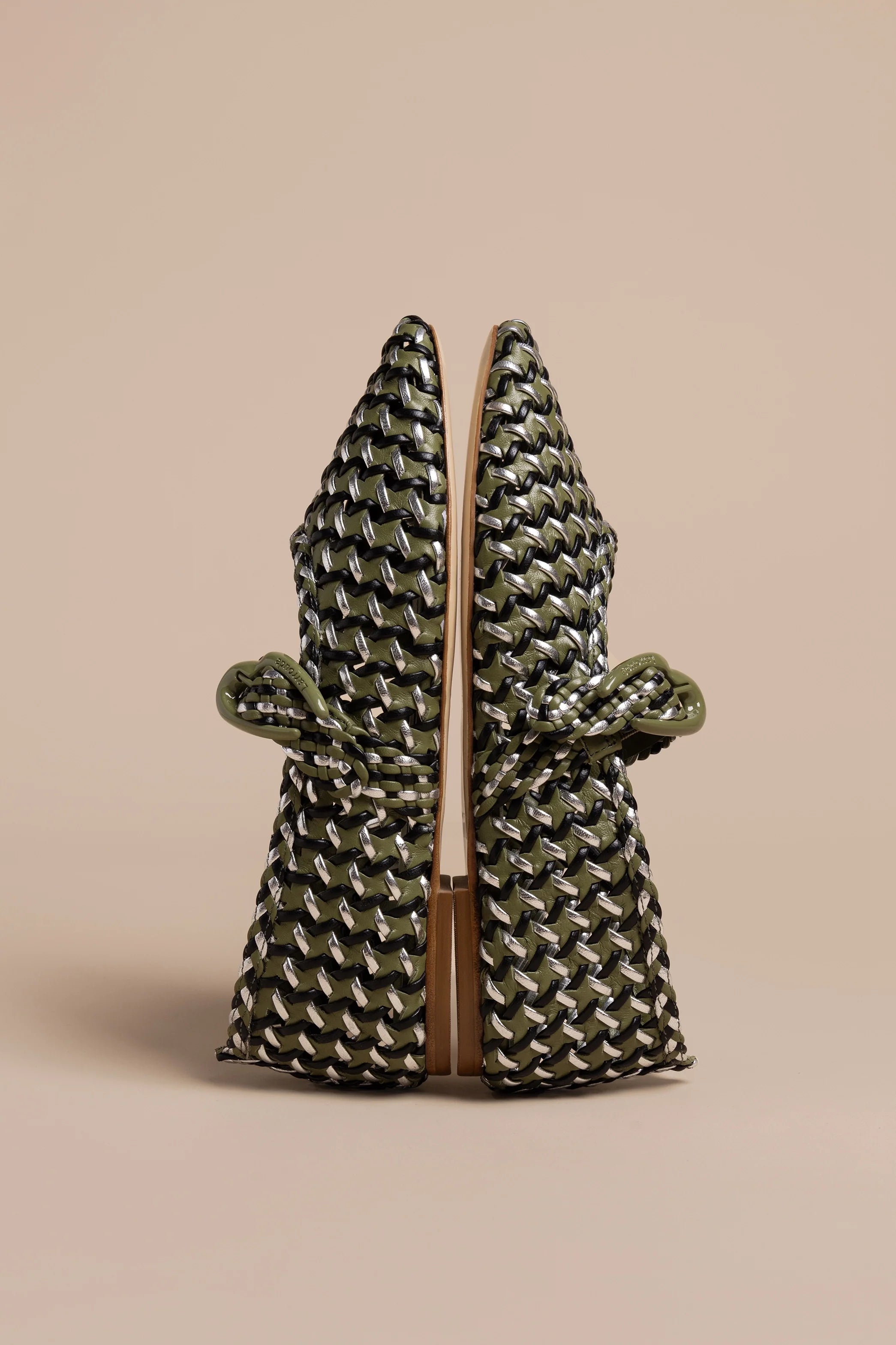 Larroude Verona Macrame Ballet Flat In Seaweed, Black And Silver Metallic Leather