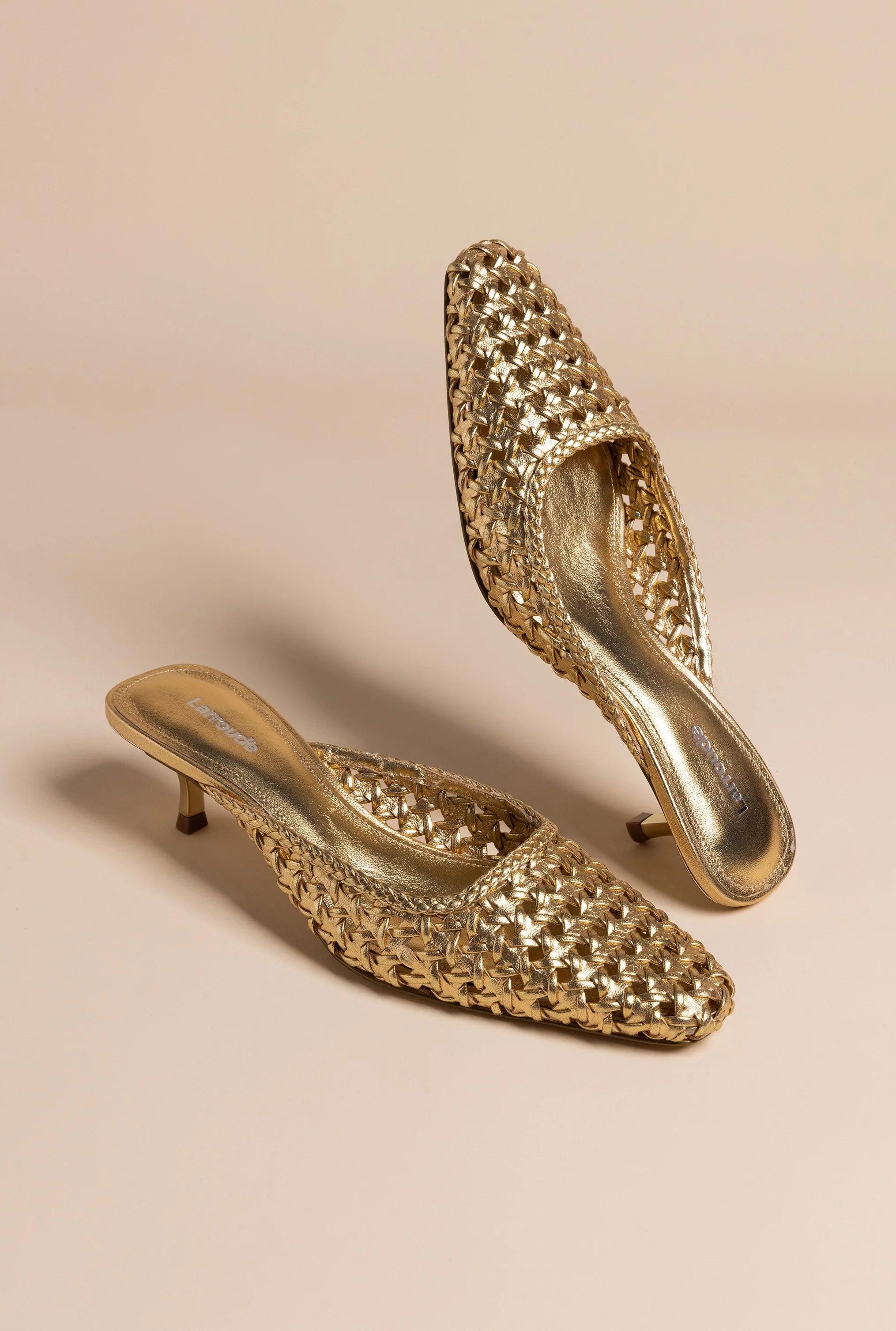 Larroude Amal Macrame Mule In Gold Metallic Leather