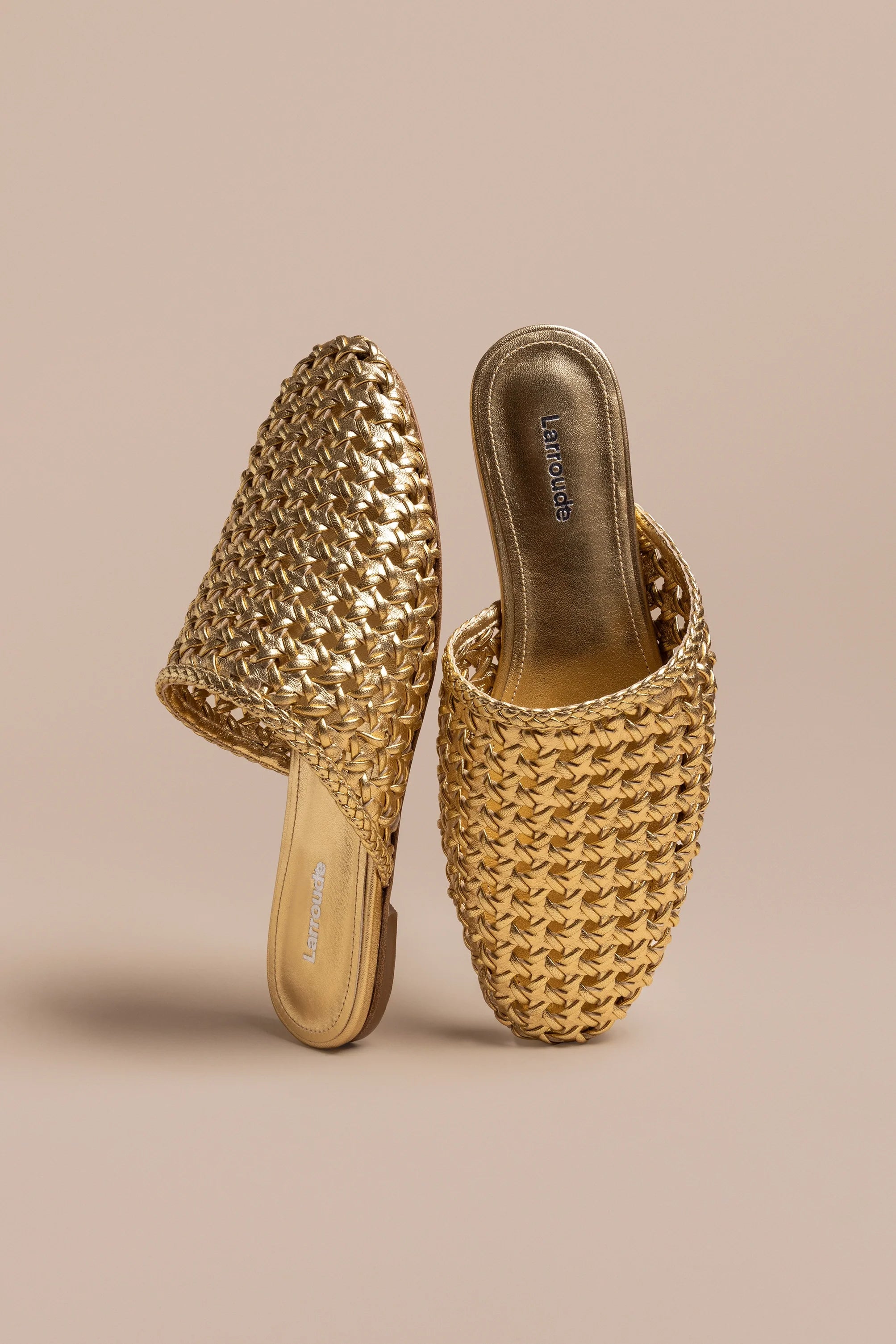 Larroude Venice Macrame Flat Mule In Gold Metallic Leather