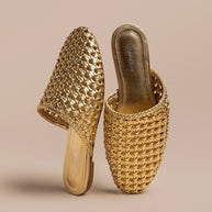 Larroude Venice Macrame Flat Mule In Gold Metallic Leather