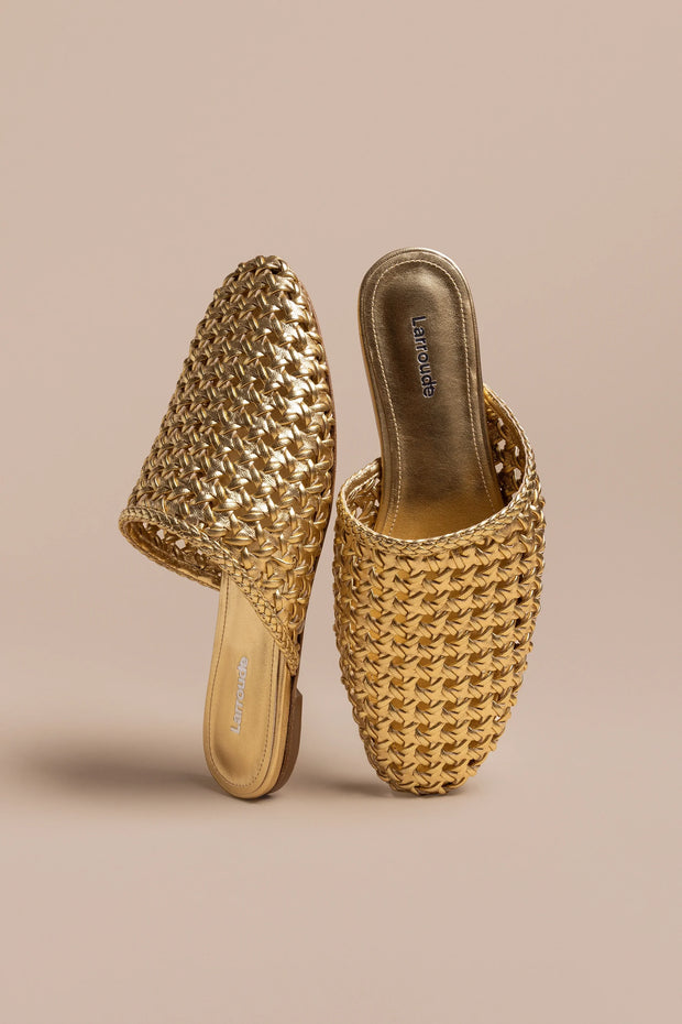 Larroude Venice Macrame Flat Mule In Gold Metallic Leather