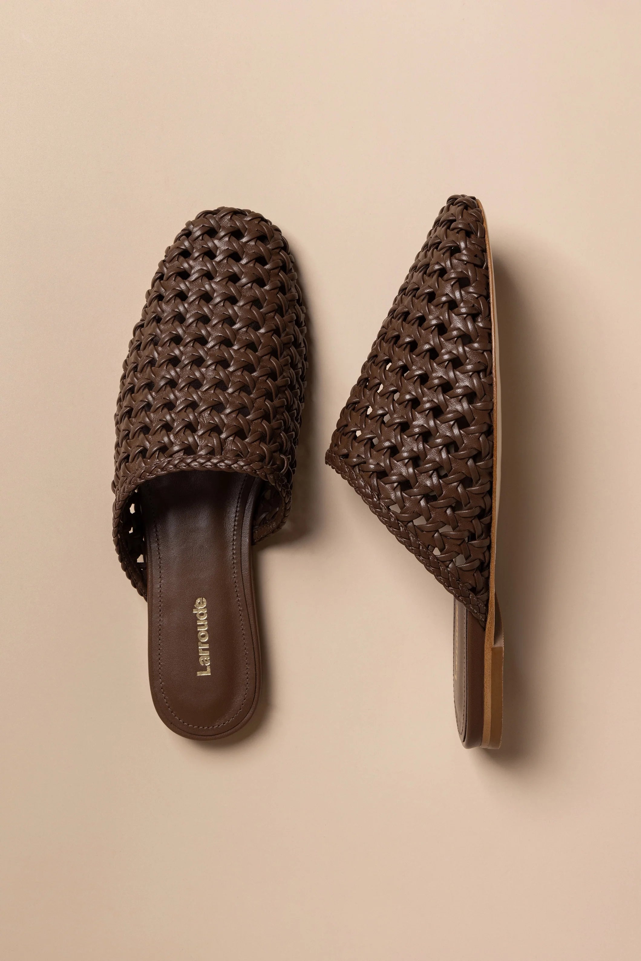 Larroude Venice Macrame Flat Mule In Burnt Umber Leather