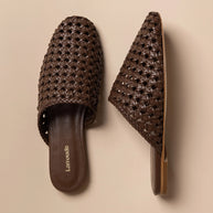 Larroude Venice Macrame Flat Mule In Burnt Umber Leather