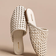Larroude Venice Macrame Flat Mule In Ivory Leather