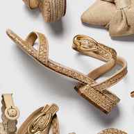 Larroude Verona Flat Sandal In Beige Leather And Natural Raffia