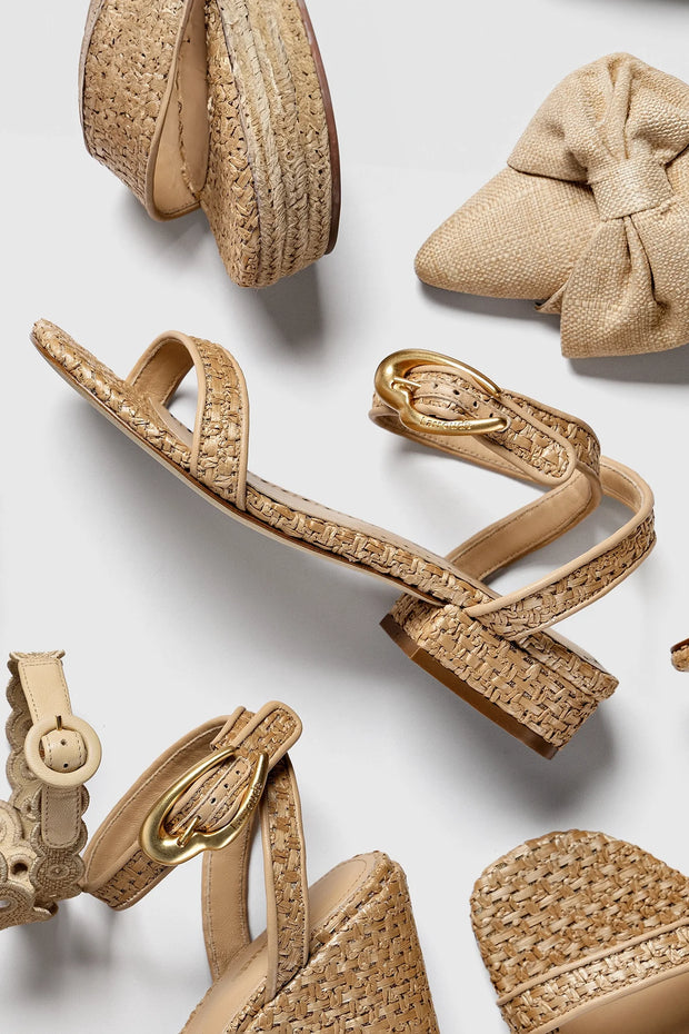 Larroude Verona Flat Sandal In Beige Leather And Natural Raffia