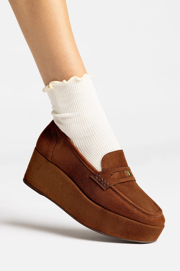 Larroude Suki Flatform Loafer In Burnt Umber Suede