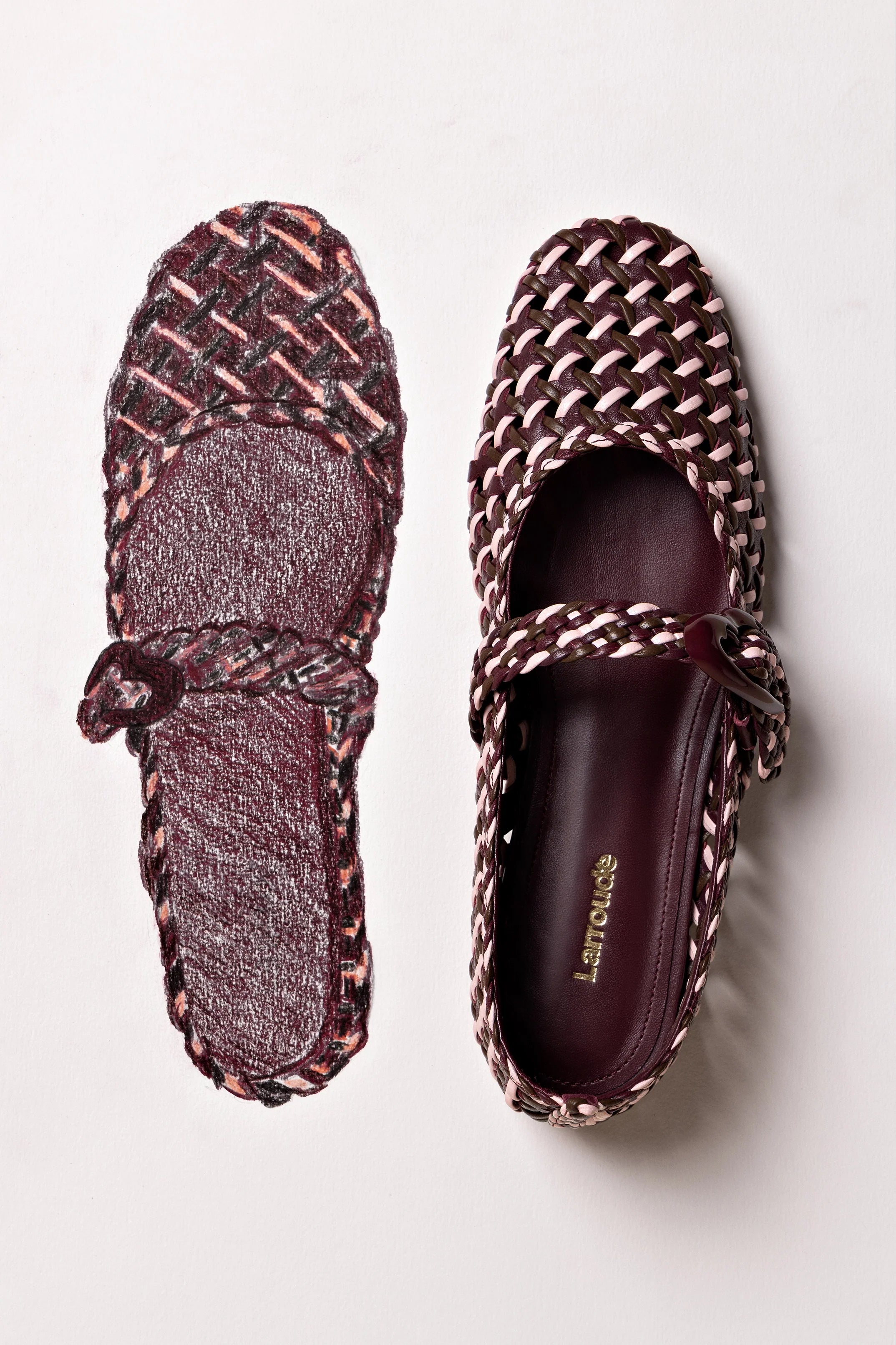 Larroude Verona Macrame Ballet Flat In Wine, Tulip And Burnt Umber Leather