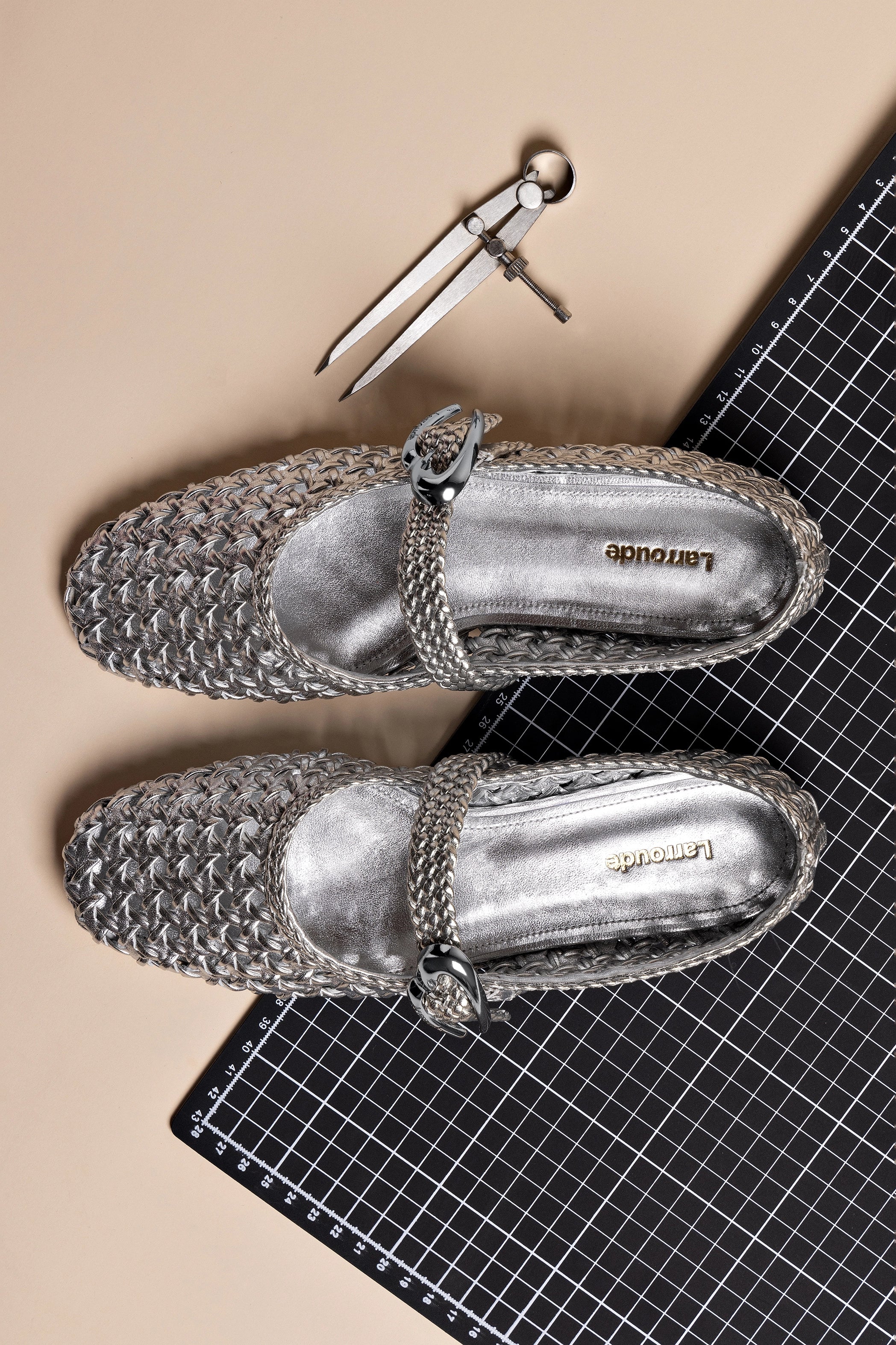 Larroude Verona Macrame Ballet Flat In SIlver Metallic Leather