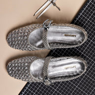 Larroude Verona Macrame Ballet Flat In SIlver Metallic Leather