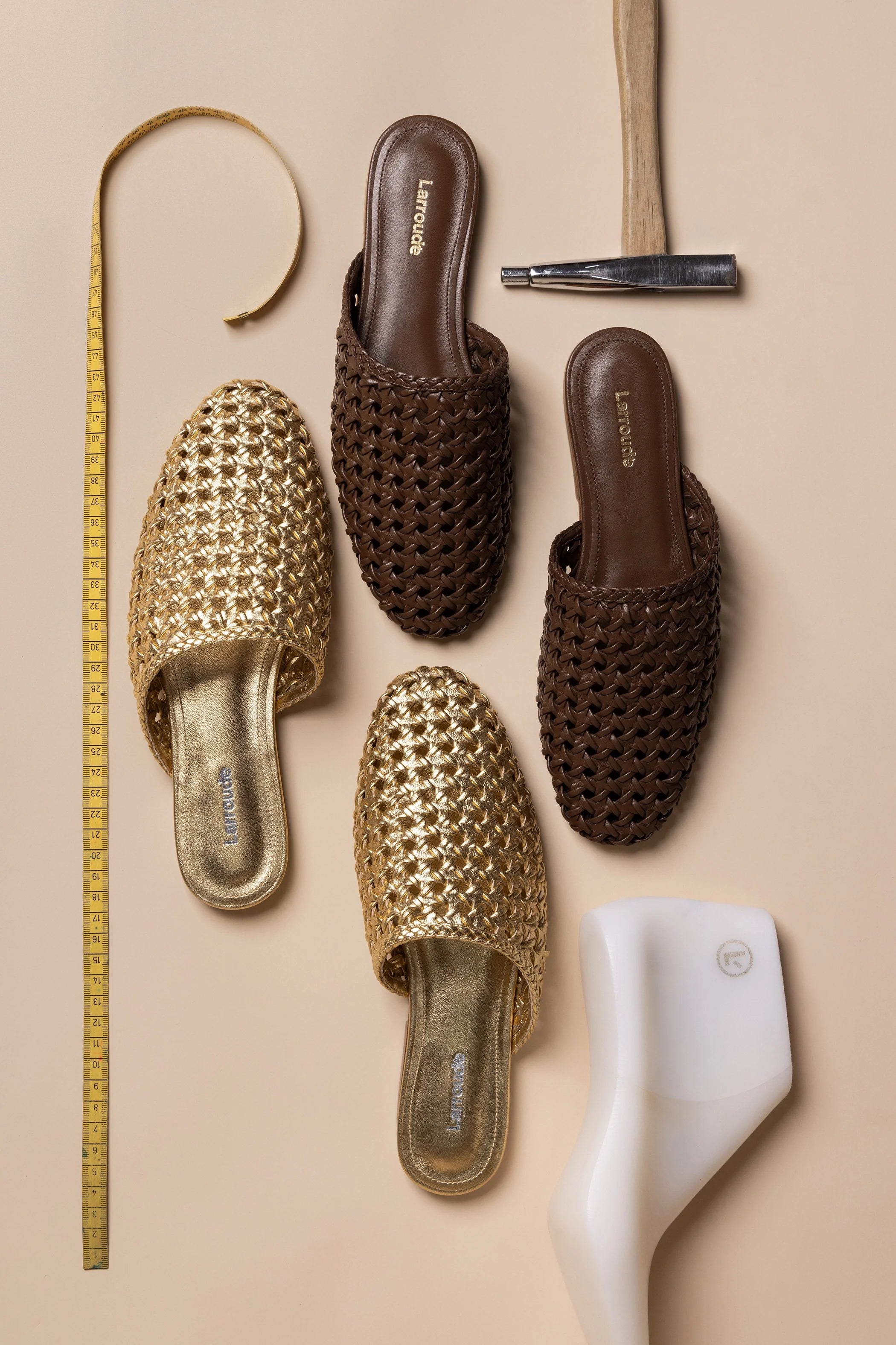 Larroude Venice Macrame Flat Mule In Burnt Umber Leather