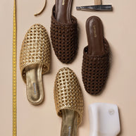 Larroude Venice Macrame Flat Mule In Burnt Umber Leather
