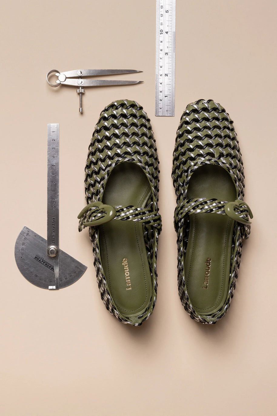 Larroude Verona Macrame Ballet Flat In Seaweed, Black And Silver Metallic Leather