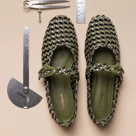 Larroude Verona Macrame Ballet Flat In Seaweed, Black And Silver Metallic Leather